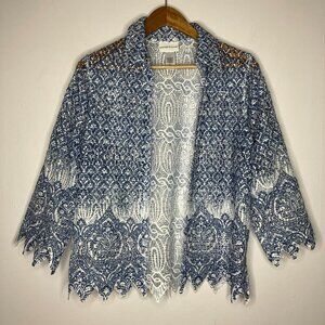 Alfred Dunner Women's Small Blue White Open Front Lace Style Top